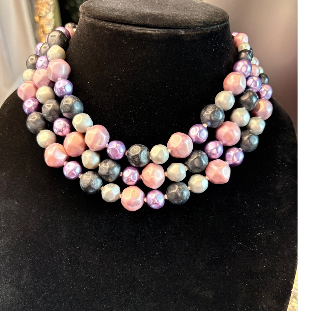 Vintage Chunky Multi Strand Faux Pearl Necklace Pink Purple Silver Toggle Clasp